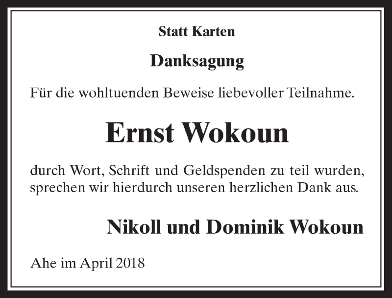  Traueranzeige für Ernst Wokoun vom 02.05.2018 aus  Werbepost 