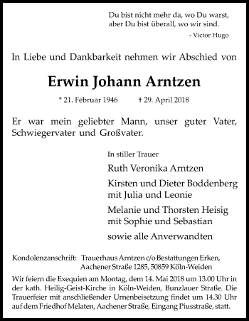 Anzeige von Erwin Johann Arntzen von Kölner Stadt-Anzeiger / Kölnische Rundschau / Express
