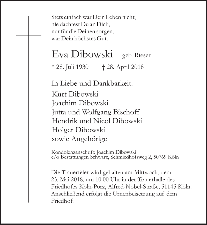 Traueranzeige für Eva Dibowski vom 16.05.2018 aus  Kölner Wochenspiegel 