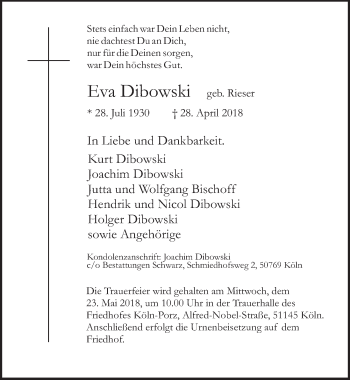 Anzeige von Eva Dibowski von  Kölner Wochenspiegel 