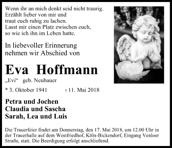 Anzeige von Eva Hoffmann von Kölner Stadt-Anzeiger / Kölnische Rundschau / Express