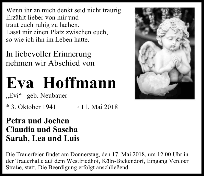  Traueranzeige für Eva Hoffmann vom 16.05.2018 aus Kölner Stadt-Anzeiger / Kölnische Rundschau / Express