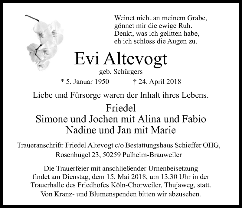  Traueranzeige für Evi Altevogt vom 05.05.2018 aus Kölner Stadt-Anzeiger / Kölnische Rundschau / Express