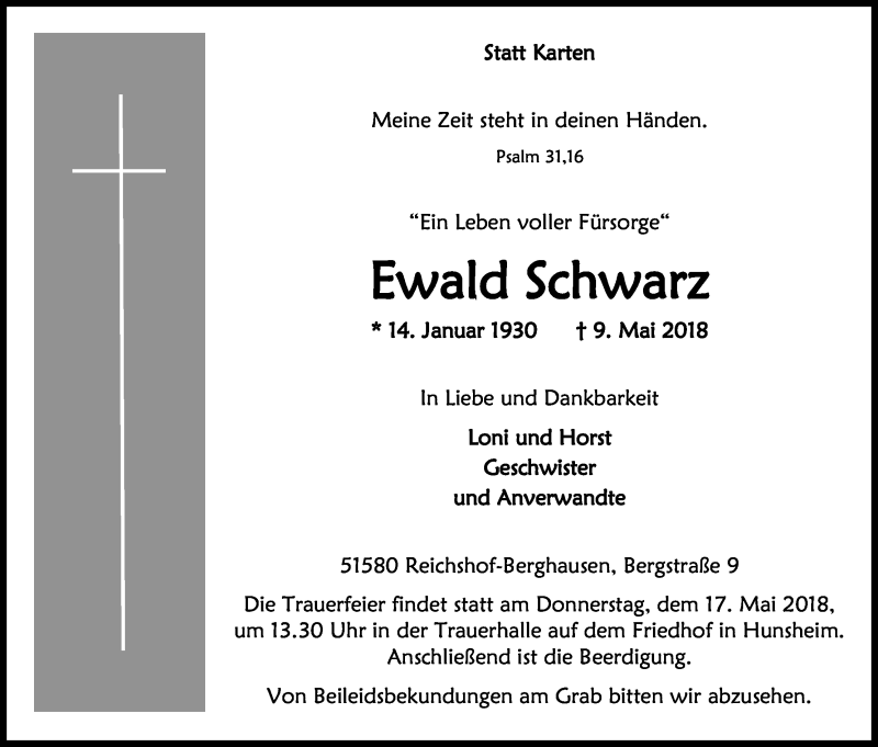  Traueranzeige für Ewald Schwarz vom 15.05.2018 aus Kölner Stadt-Anzeiger / Kölnische Rundschau / Express
