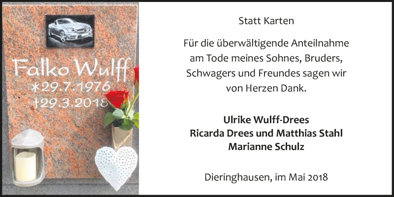  Traueranzeige für Falko Wulff vom 23.05.2018 aus  Anzeigen Echo 