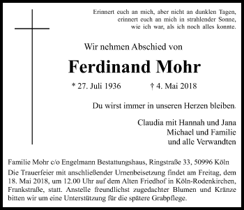 Anzeige von Ferdinand Mohr von Kölner Stadt-Anzeiger / Kölnische Rundschau / Express