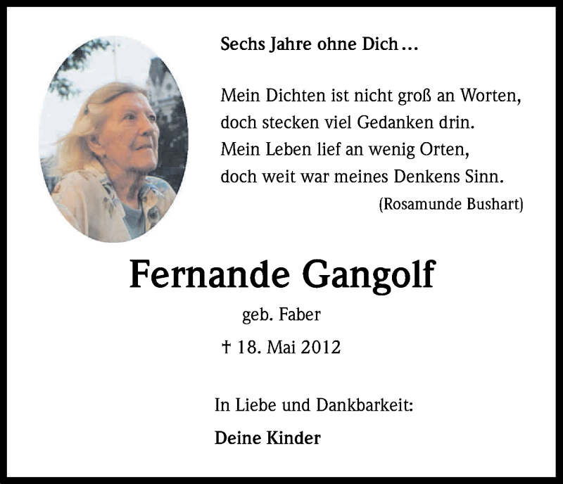  Traueranzeige für Fernande Gangolf vom 19.05.2018 aus Kölner Stadt-Anzeiger / Kölnische Rundschau / Express