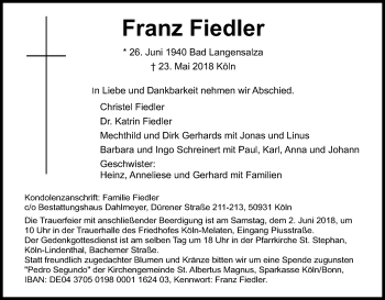 Anzeige von Franz Fiedler von Kölner Stadt-Anzeiger / Kölnische Rundschau / Express