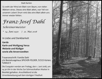 Anzeige von Franz-Josef Dahl von Kölner Stadt-Anzeiger / Kölnische Rundschau / Express