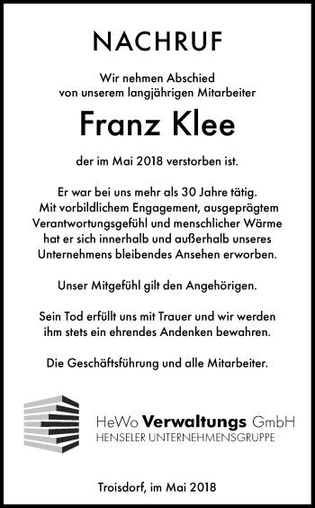 Anzeige von Franz Klee von Kölner Stadt-Anzeiger / Kölnische Rundschau / Express