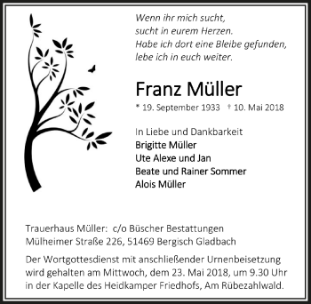 Anzeige von Franz Müller von  Bergisches Sonntagsblatt 