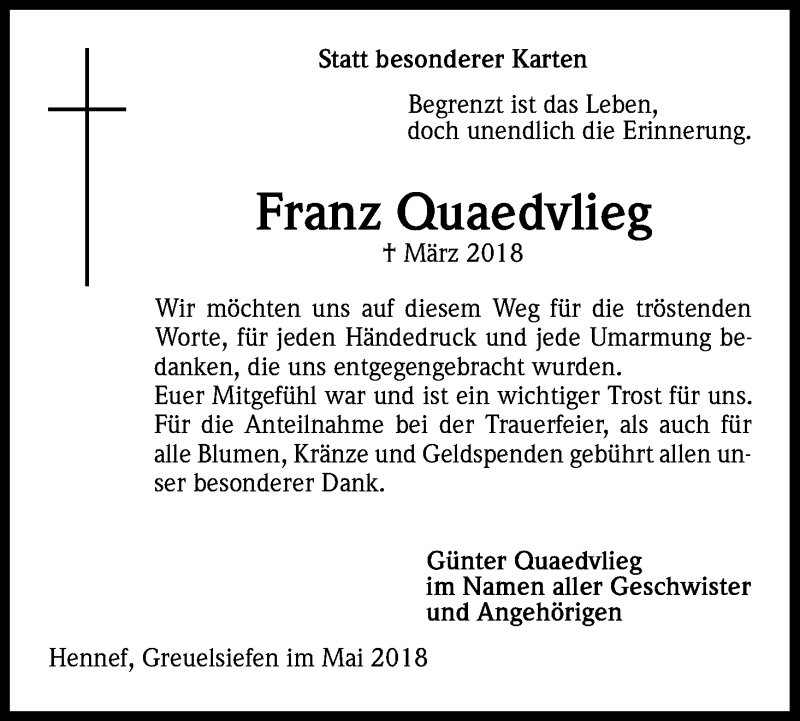  Traueranzeige für Franz Quaedvlieg vom 19.05.2018 aus Kölner Stadt-Anzeiger / Kölnische Rundschau / Express