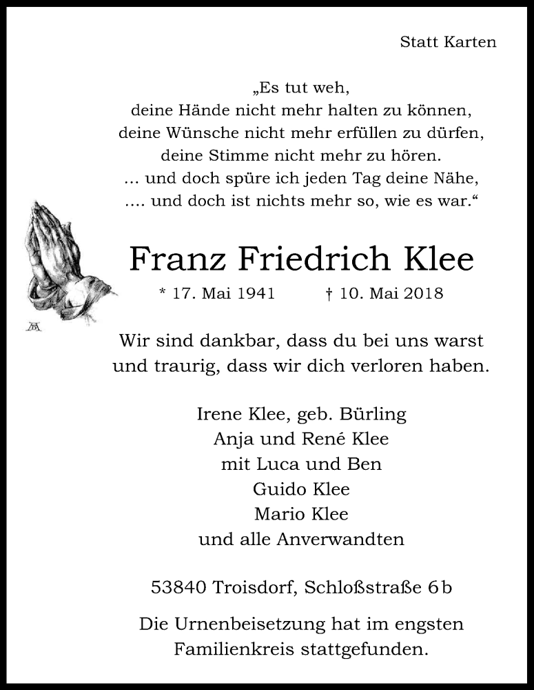  Traueranzeige für Franz Friedrich Klee vom 26.05.2018 aus Kölner Stadt-Anzeiger / Kölnische Rundschau / Express