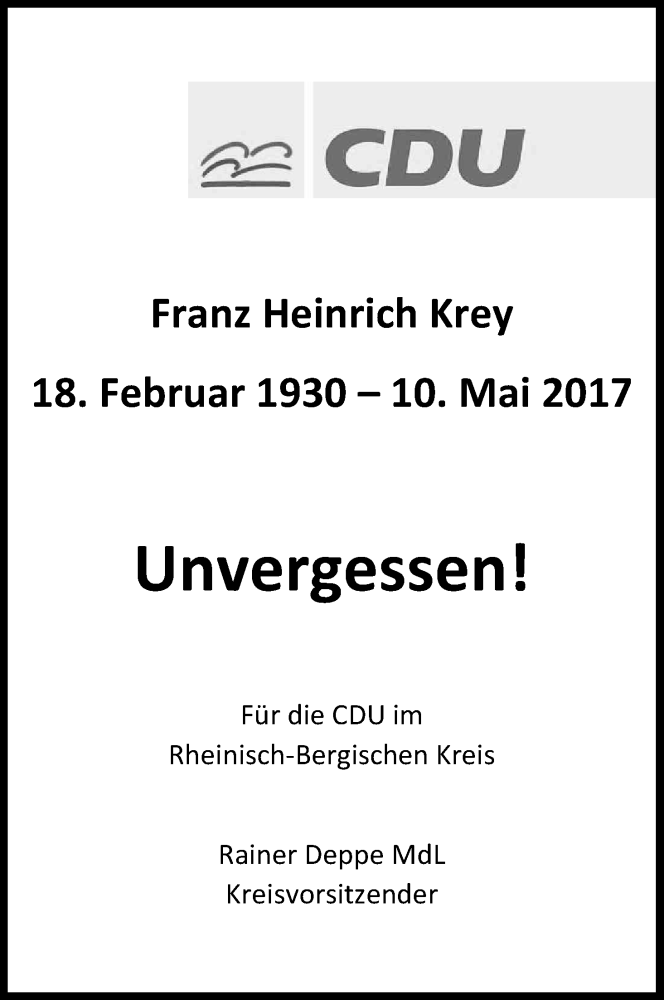  Traueranzeige für Franz Heinrich Krey vom 10.05.2018 aus Kölner Stadt-Anzeiger / Kölnische Rundschau / Express