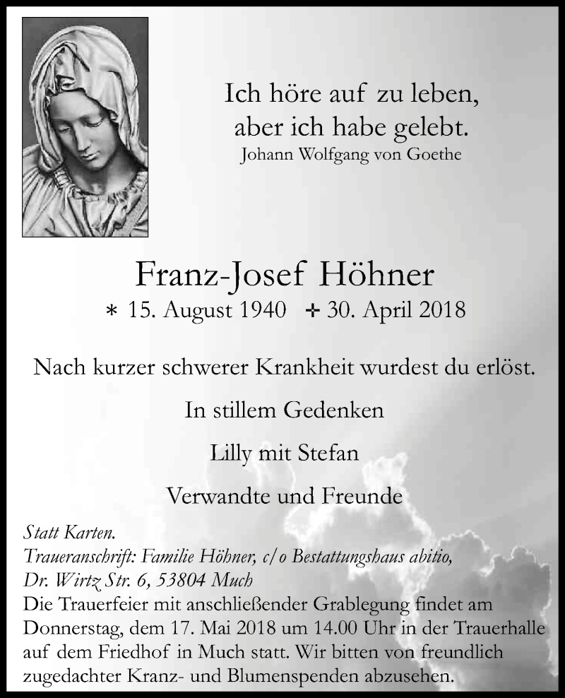  Traueranzeige für Franz Josef Höhner vom 12.05.2018 aus Kölner Stadt-Anzeiger / Kölnische Rundschau / Express
