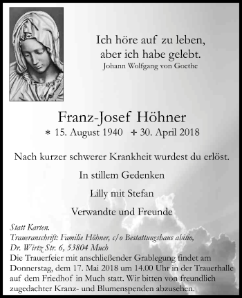 Anzeige von Franz Josef Höhner von Kölner Stadt-Anzeiger / Kölnische Rundschau / Express