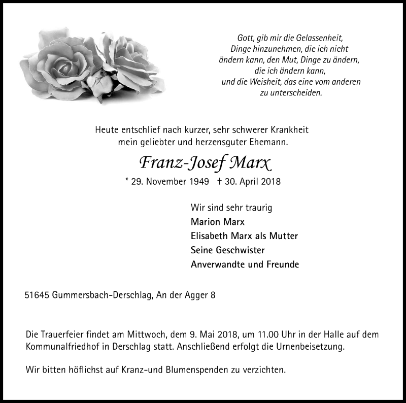  Traueranzeige für Franz Josef Marx vom 05.05.2018 aus Kölner Stadt-Anzeiger / Kölnische Rundschau / Express