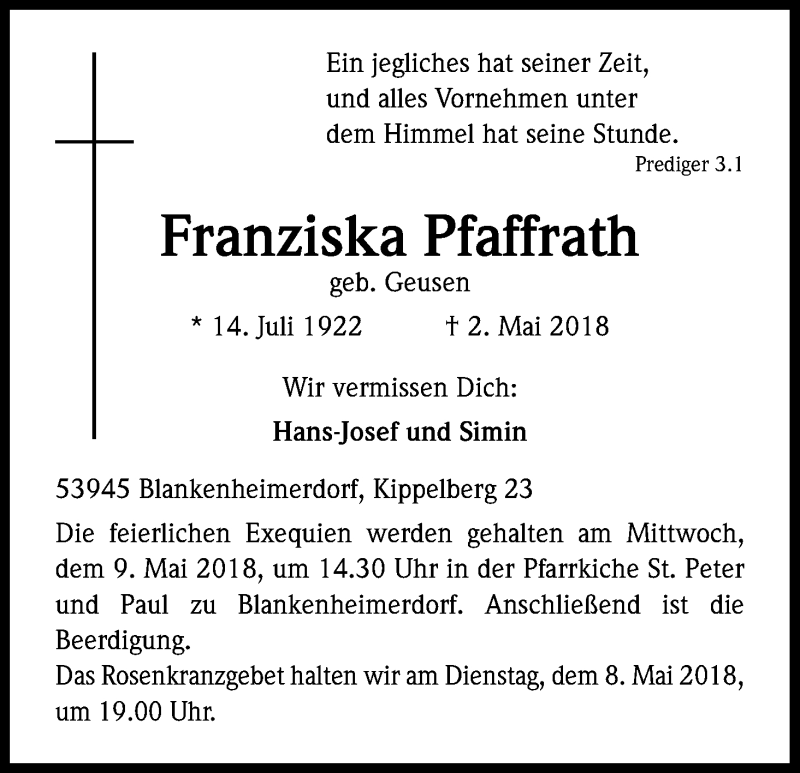  Traueranzeige für Franziska Pfaffrath vom 05.05.2018 aus Kölner Stadt-Anzeiger / Kölnische Rundschau / Express