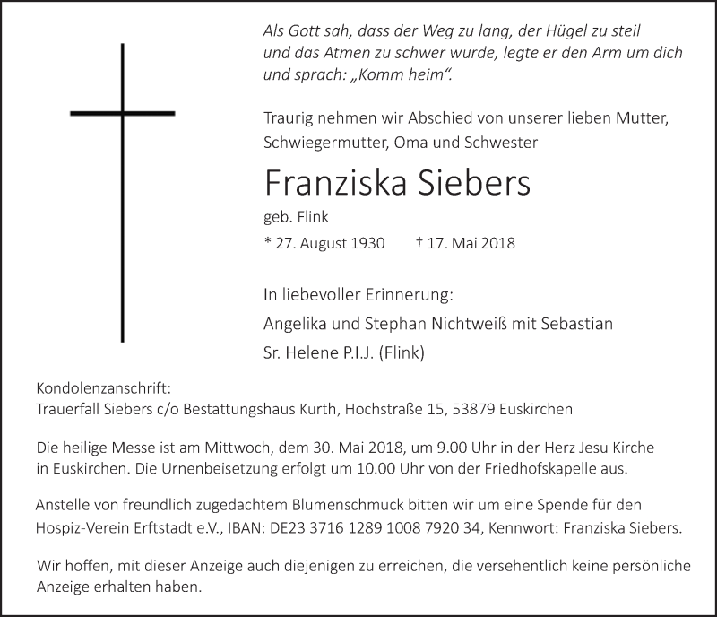  Traueranzeige für Franziska Siebers vom 26.05.2018 aus  Blickpunkt Euskirchen 