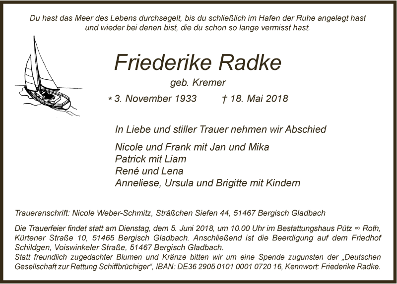 Traueranzeige für Friederike Radke vom 30.05.2018 aus  Bergisches Handelsblatt 