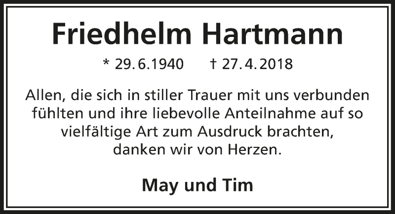 Traueranzeige für Friedhelm Hartmann vom 30.05.2018 aus  Lokalanzeiger 