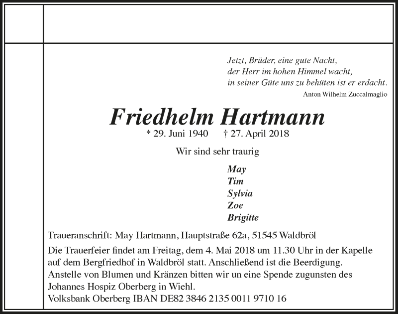  Traueranzeige für Friedhelm Hartmann vom 02.05.2018 aus  Lokalanzeiger 