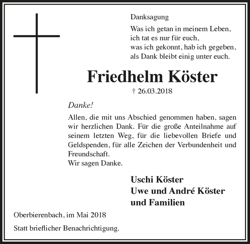  Traueranzeige für Friedhelm Köster vom 09.05.2018 aus  Lokalanzeiger 