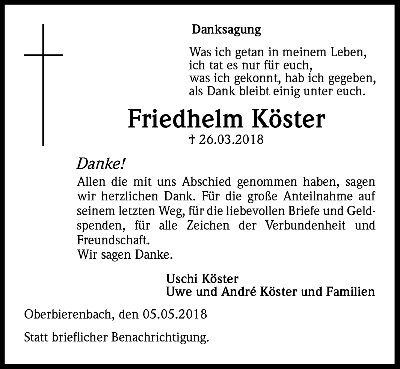  Traueranzeige für Friedhelm Köster vom 05.05.2018 aus Kölner Stadt-Anzeiger / Kölnische Rundschau / Express