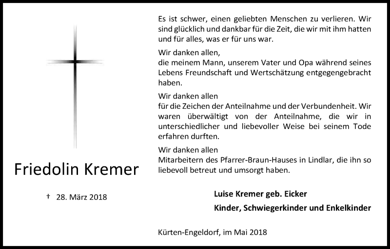  Traueranzeige für Friedolin Kremer vom 05.05.2018 aus Kölner Stadt-Anzeiger / Kölnische Rundschau / Express