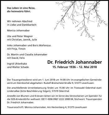 Anzeige von Friedrich Johannaber von Kölner Stadt-Anzeiger / Kölnische Rundschau / Express