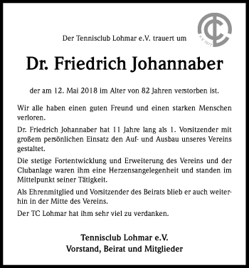 Anzeige von Friedrich Johannaber von Kölner Stadt-Anzeiger / Kölnische Rundschau / Express