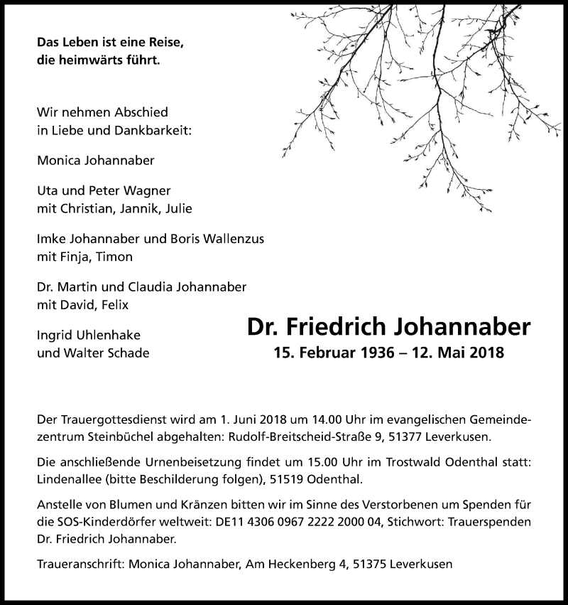  Traueranzeige für Friedrich Johannaber vom 26.05.2018 aus Kölner Stadt-Anzeiger / Kölnische Rundschau / Express