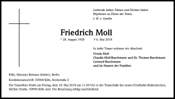 Anzeige von Friedrich Moll von Kölner Stadt-Anzeiger / Kölnische Rundschau / Express