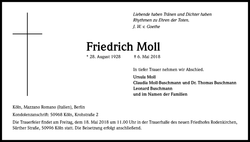  Traueranzeige für Friedrich Moll vom 12.05.2018 aus Kölner Stadt-Anzeiger / Kölnische Rundschau / Express