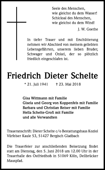 Anzeige von Friedrich Dieter Schelte von Kölner Stadt-Anzeiger / Kölnische Rundschau / Express
