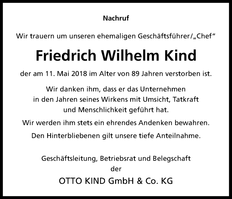  Traueranzeige für Friedrich Wilhelm Kind vom 17.05.2018 aus Kölner Stadt-Anzeiger / Kölnische Rundschau / Express