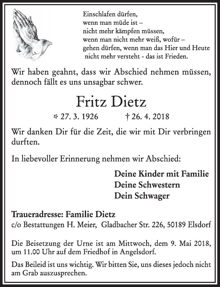  Traueranzeige für Fritz Dietz vom 05.05.2018 aus  Sonntags-Post 