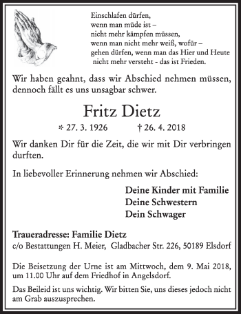 Anzeige von Fritz Dietz von  Sonntags-Post 