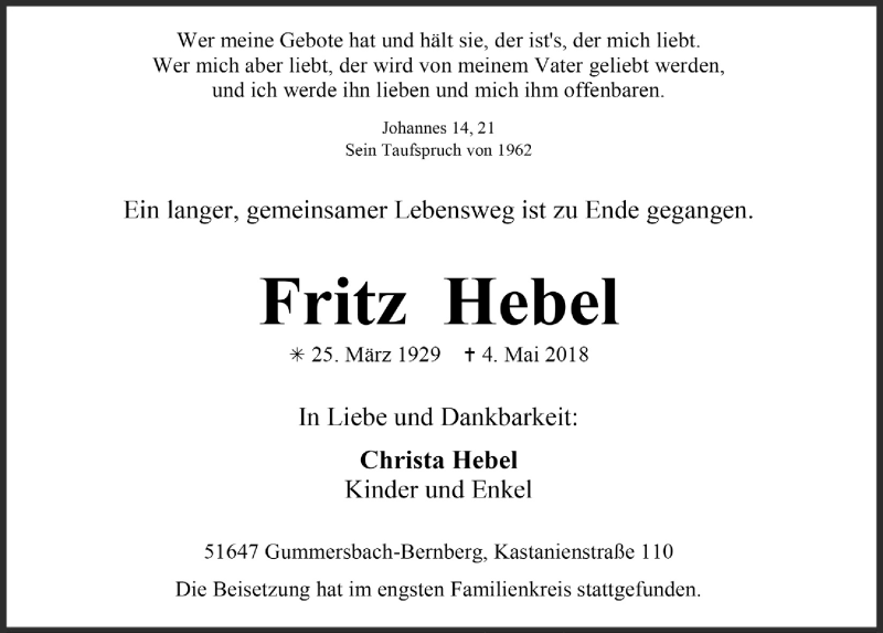  Traueranzeige für Fritz Hebel vom 16.05.2018 aus  Anzeigen Echo 