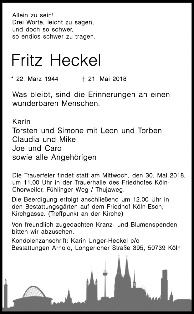  Traueranzeige für Fritz Heckel vom 26.05.2018 aus Kölner Stadt-Anzeiger / Kölnische Rundschau / Express
