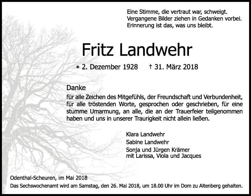  Traueranzeige für Fritz Landwehr vom 12.05.2018 aus Kölner Stadt-Anzeiger / Kölnische Rundschau / Express