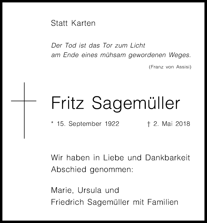  Traueranzeige für Fritz Sagemüller vom 19.05.2018 aus Kölner Stadt-Anzeiger / Kölnische Rundschau / Express