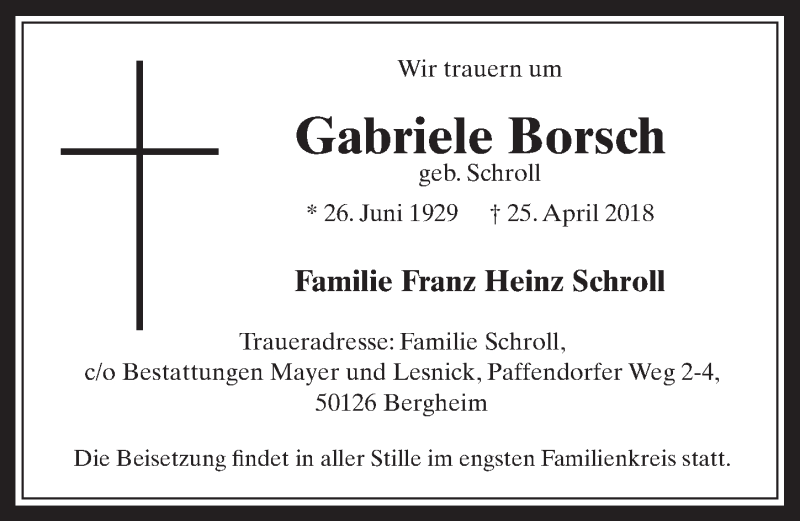  Traueranzeige für Gabriele Borsch vom 02.05.2018 aus  Werbepost 
