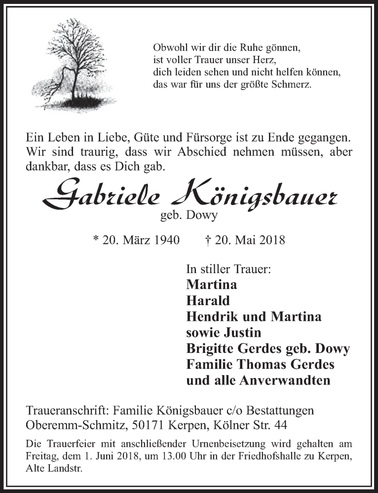  Traueranzeige für Gabriele Königsbauer vom 26.05.2018 aus  Sonntags-Post 