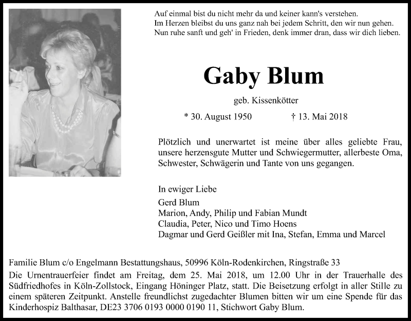  Traueranzeige für Gaby Blum vom 19.05.2018 aus Kölner Stadt-Anzeiger / Kölnische Rundschau / Express
