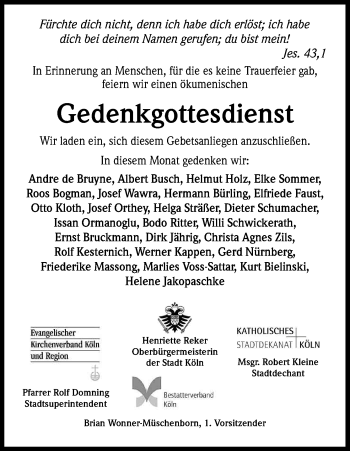 Anzeige von Gedenkgottesdienst  von Kölner Stadt-Anzeiger / Kölnische Rundschau / Express