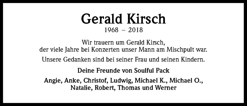  Traueranzeige für Gerald Kirsch vom 26.05.2018 aus Kölner Stadt-Anzeiger / Kölnische Rundschau / Express