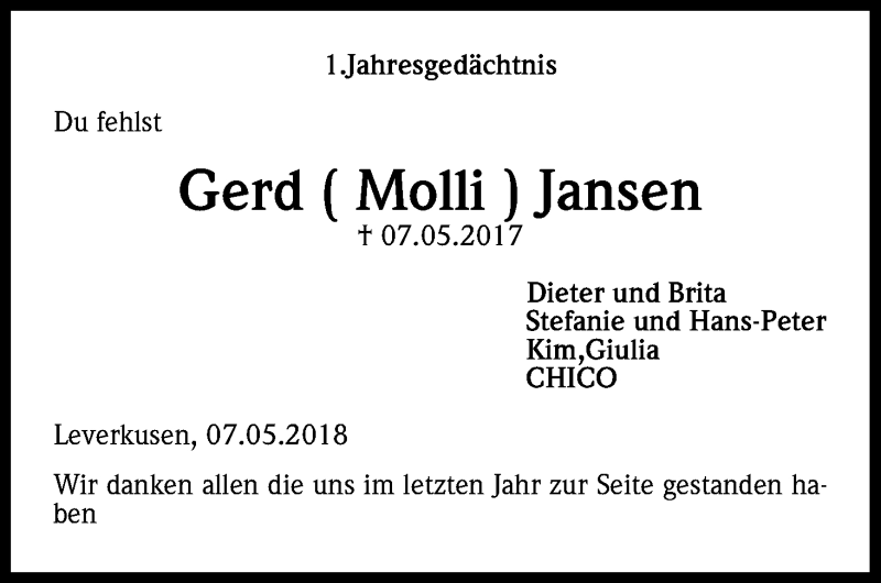 Traueranzeige für Gerd Jansen vom 07.05.2018 aus Kölner Stadt-Anzeiger / Kölnische Rundschau / Express