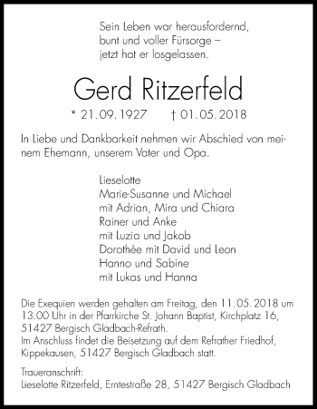 Anzeige von Gerd Ritzerfeld von Kölner Stadt-Anzeiger / Kölnische Rundschau / Express
