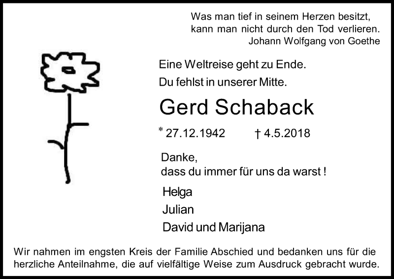  Traueranzeige für Gerd Schaback vom 16.05.2018 aus Kölner Stadt-Anzeiger / Kölnische Rundschau / Express
